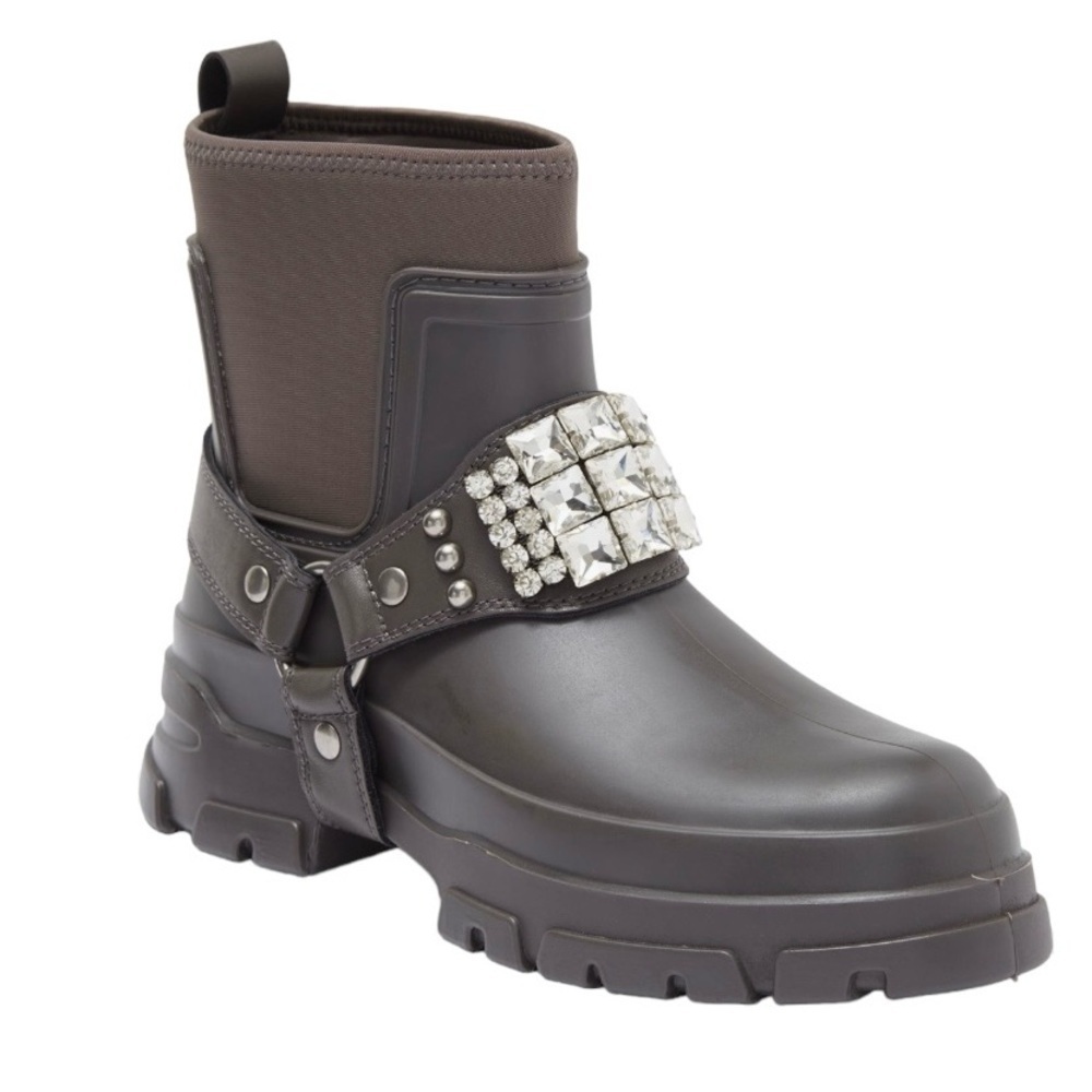 New In Box KARL LAGERFELD PARIS Rylie Crystal Studded Lug Boots Sz 6 Anthracite